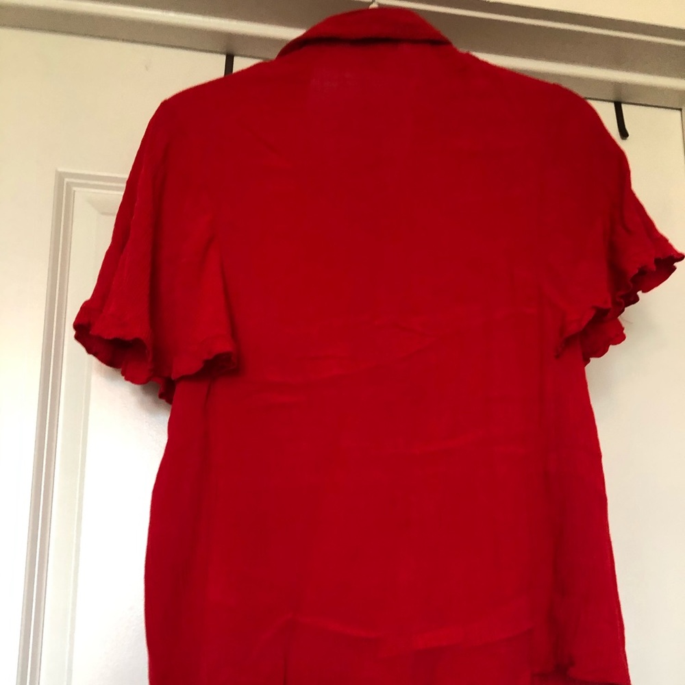 Red, Ruffle Shortsleeved Button Up Shirt - Picture 3 of 5